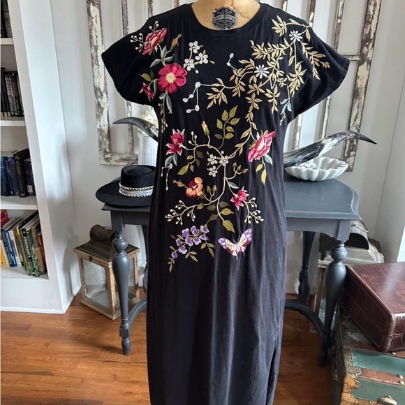 Johnny Was Osaka Relaxed Knit Dress Cotton Special Embroidery Floral Black  XS